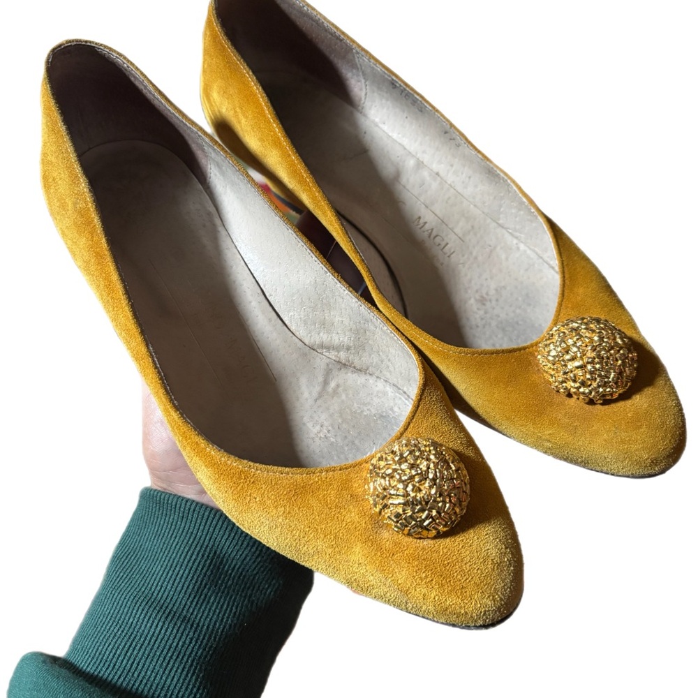 Vintage Bruno Mali Women's Yellow Suede Flats with Gold Accents